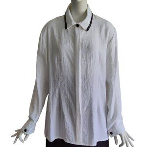 OLIVER JUNG Paris Black Faux Leather Trim White Semi Sheer Viscose Poly Blouse L
